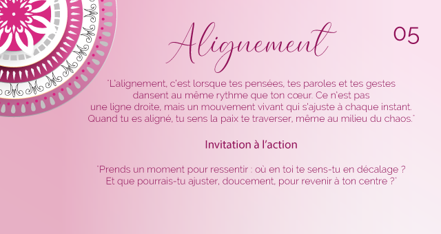"L’alignement, c’est lorsque tes pensées, tes paroles et tes gestes dansent au même rythme que ton cœur. Ce n’est pas une ligne droite, mais un mouvement vivant qui s’ajuste à chaque instant. Quand tu es aligné, tu sens la paix te traverser, même au milieu du chaos."