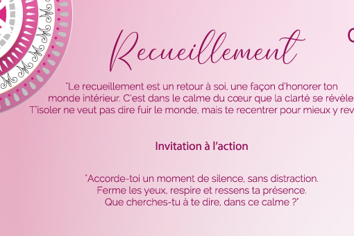 "Le recueillement est un retour à soi, une façon d’honorer ton monde intérieur. C’est dans le calme du cœur que la clarté se révèle. T’isoler ne veut pas dire fuir le monde, mais te recentrer pour mieux y revenir."