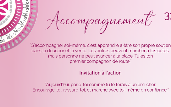 "S’accompagner soi-même, c’est apprendre à être son propre soutien dans la douceur et la vérité. Les autres peuvent marcher à tes côtés, mais personne ne peut avancer à ta place. Tu es ton premier compagnon de route."