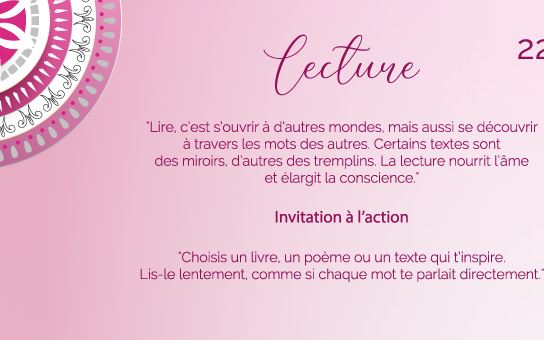 "Lire, c’est s’ouvrir à d’autres mondes, mais aussi se découvrir à travers les mots des autres. Certains textes sont des miroirs, d’autres des tremplins. La lecture nourrit l’âme et élargit la conscience."